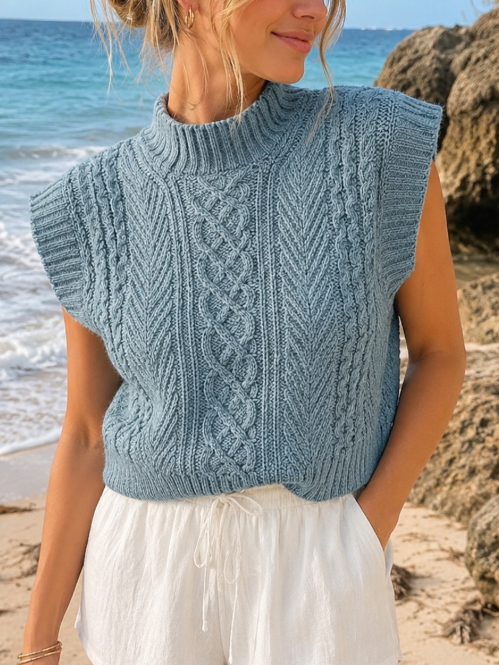 And Now This Cable Knit Sweater Vest Medium Sage Blue Mock Neck Coastal Chic